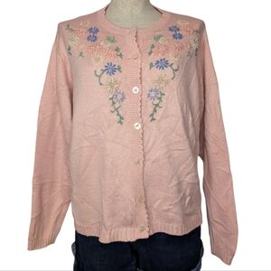 Vintage Pink Floral Embroidered Cardigan Cottagecore Large